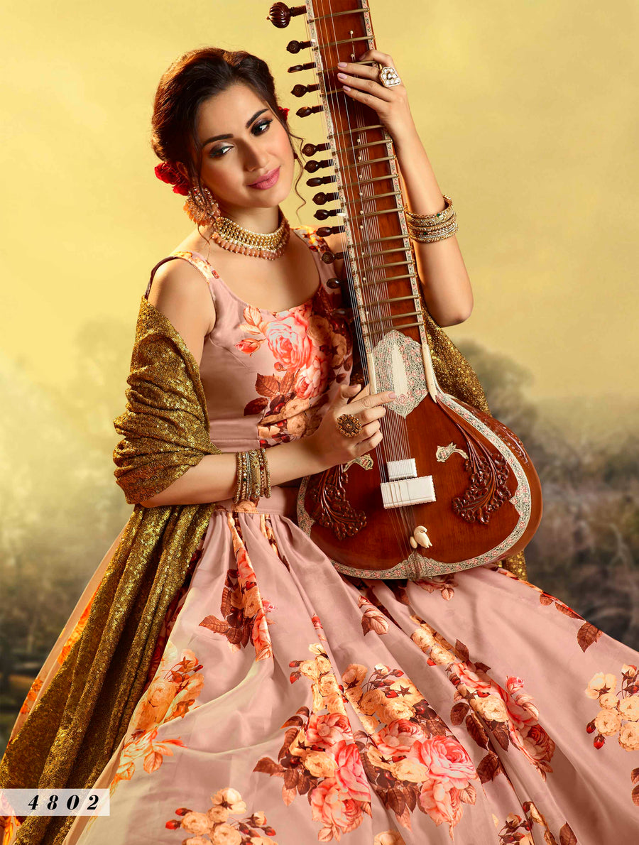 Peach Pakistani Organza Lehenga Choli For Indian Festival & Weddings - Print Work, Sequence Embroidery Work,