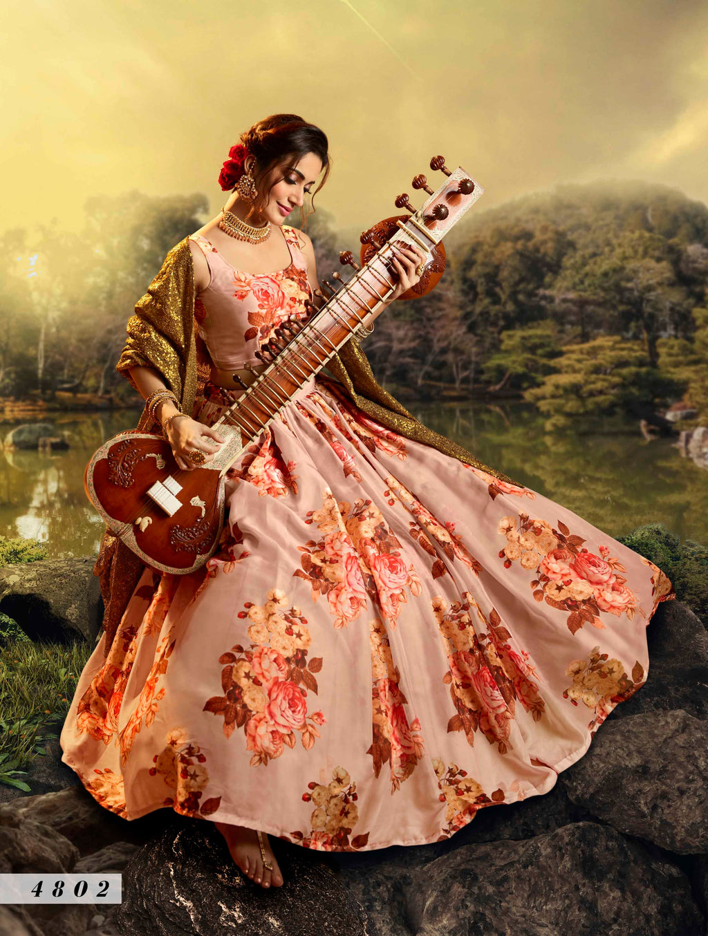 Peach Pakistani Organza Lehenga Choli For Indian Festival & Weddings - Print Work, Sequence Embroidery Work,