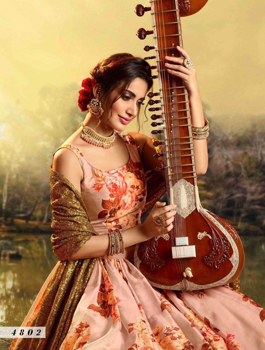 Peach Pakistani Organza Lehenga Choli For Indian Festival & Weddings - Print Work, Sequence Embroidery Work,