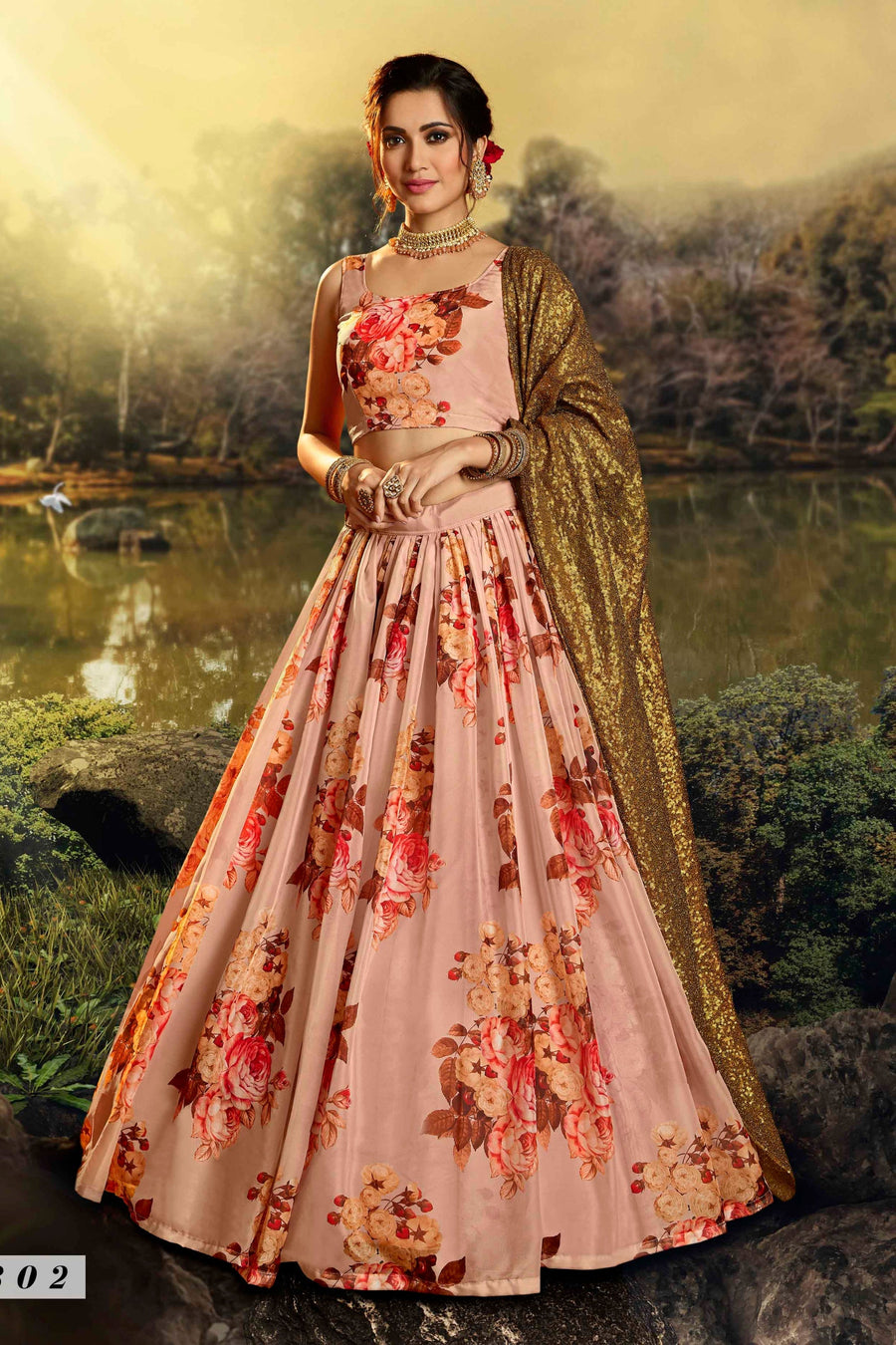 Peach Pakistani Organza Lehenga Choli For Indian Festival & Weddings - Print Work, Sequence Embroidery Work,