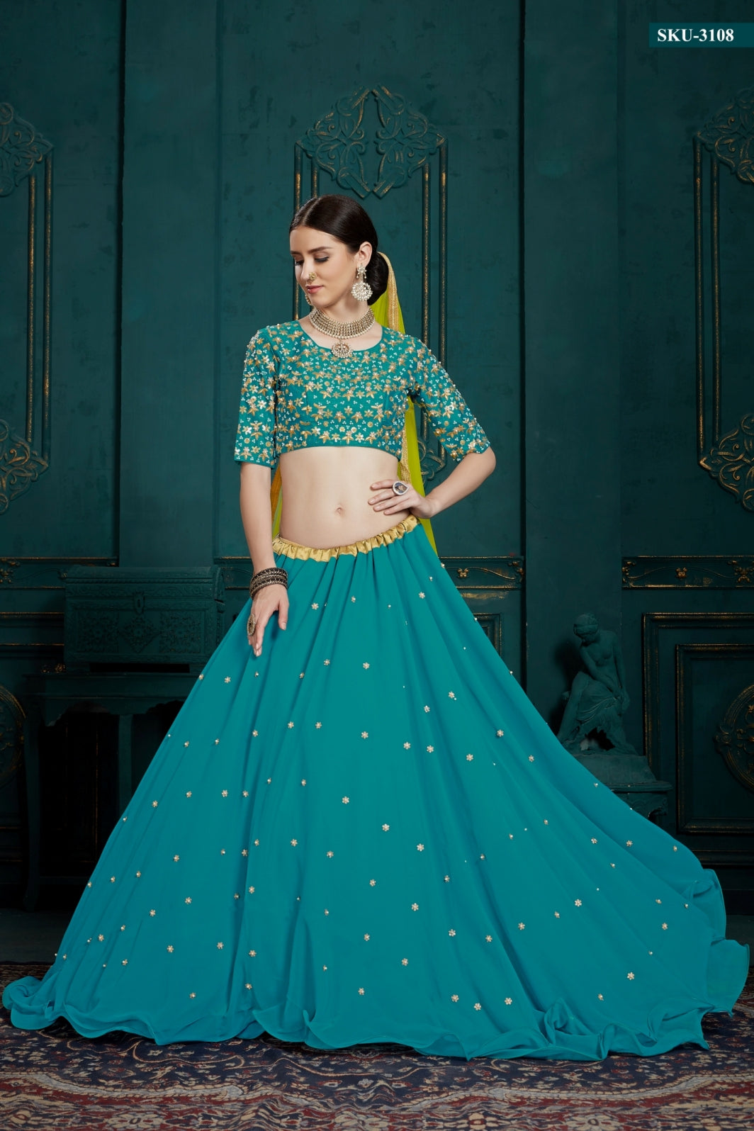 Pista Green Soft Net Lehenga Choli with Thread, Zarkan &