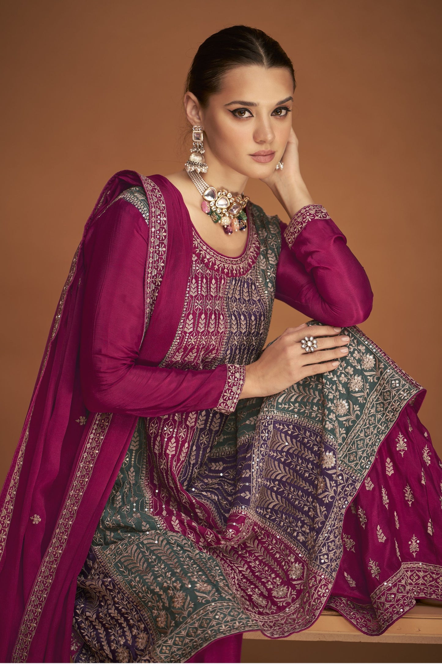 Pink Pakistani Chinon Sharara For Indian Festivals & Weddings - Thread Embroidery Work,