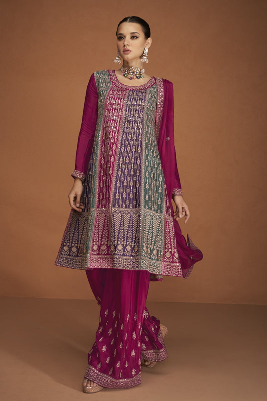 Pink Pakistani Chinon Sharara For Indian Festivals & Weddings - Thread Embroidery Work,