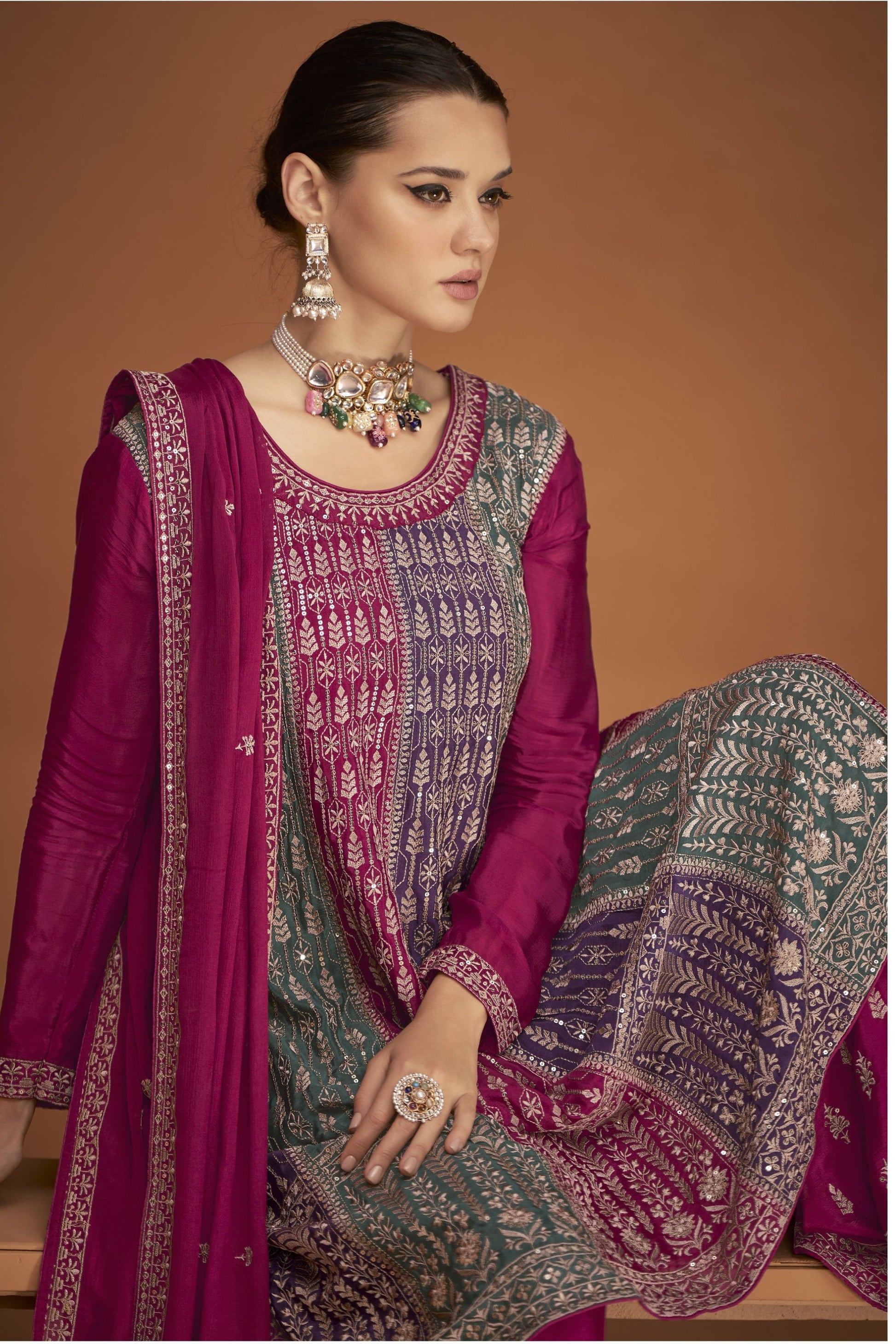 Pink Pakistani Chinon Sharara For Indian Festivals & Weddings - Thread Embroidery Work,