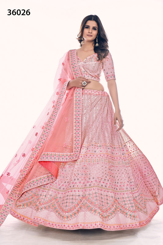 Pink Pakistani Net Lehenga Choli For Indian Festivals & Weddings - Sequence Embroidery Work, Thread Embroidery Work, Dori Work, Zarkan Work