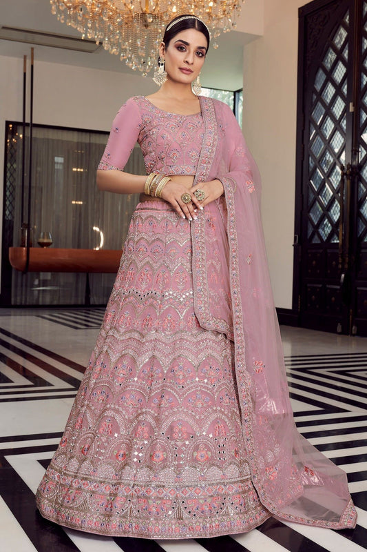 Pink Pakistani Organza Lehenga Choli For Indian Festivals & Weddings - Thread Embroidery Work, Mirror Work, Zari Work
