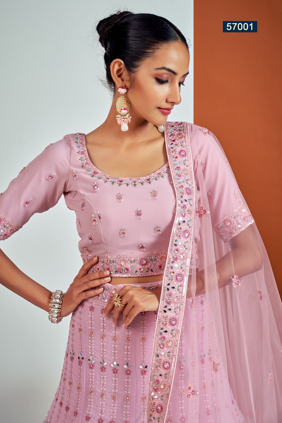 Pink Pakistani Georgette Lehenga Choli For Indian Festivals & Weddings - Sequence Embroidery Work, Thread Embroidery Work, Dori Work, Zarkan Work