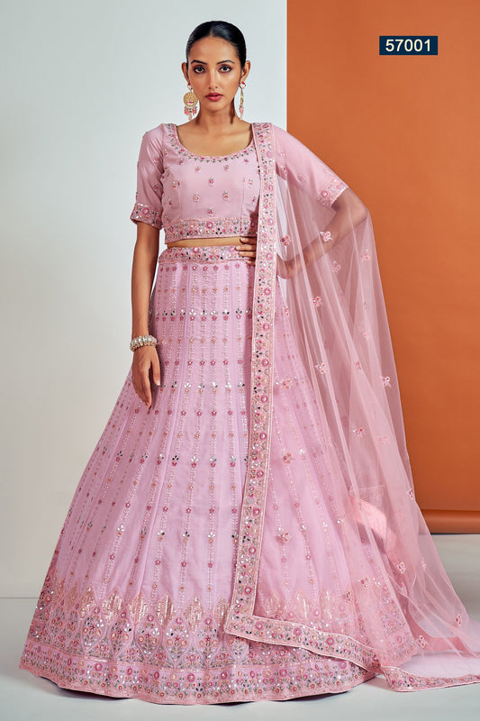 Pink Pakistani Georgette Lehenga Choli For Indian Festivals & Weddings - Sequence Embroidery Work, Thread Embroidery Work, Dori Work, Zarkan Work