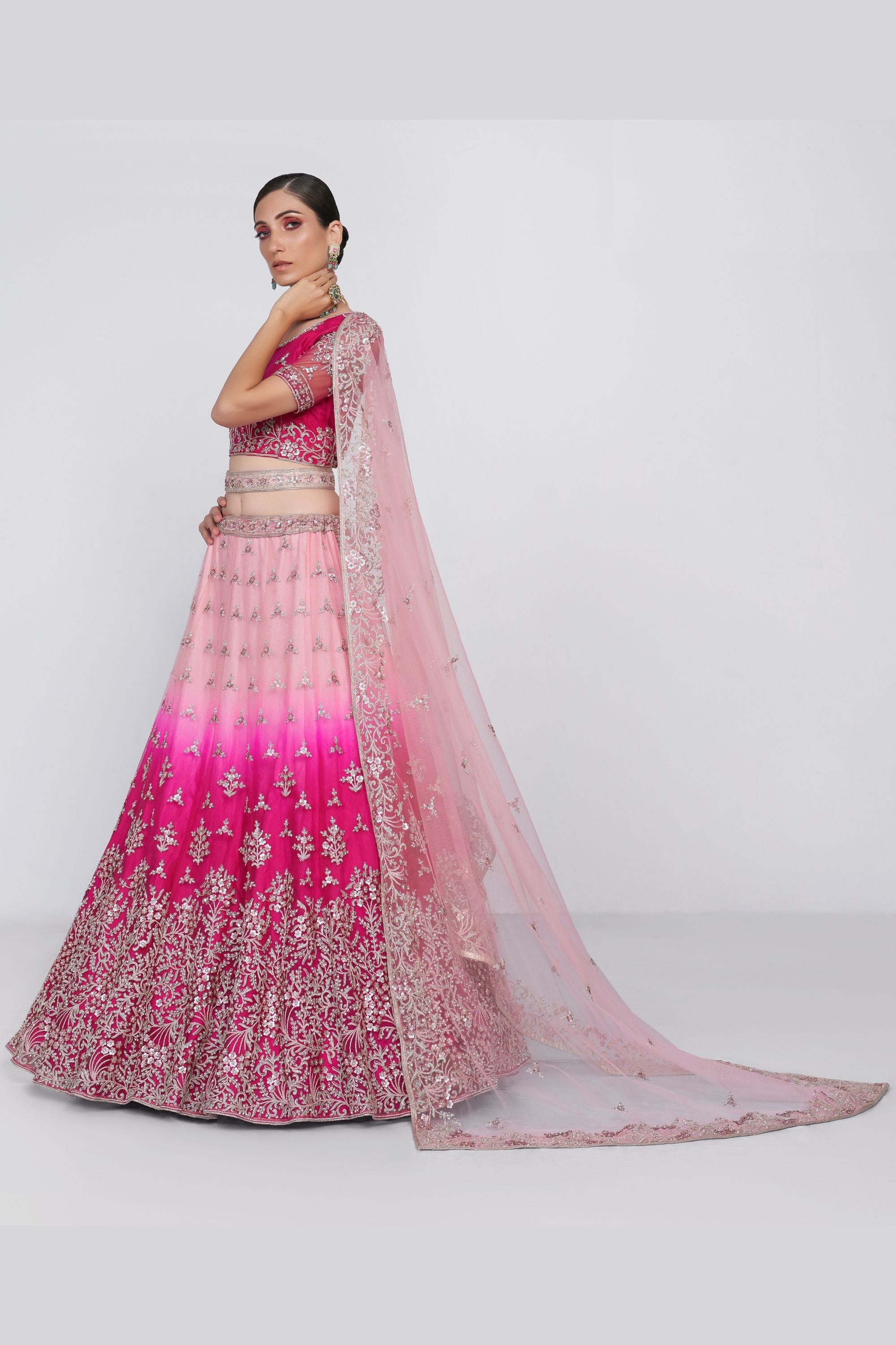Pink Pakistani Net Lehenga Choli For Indian Festivals & Weddings - Sequence Embroidery Work, Thread Embroidery Work, Codding Embroidery Work, Zari Work, Zarkan Work