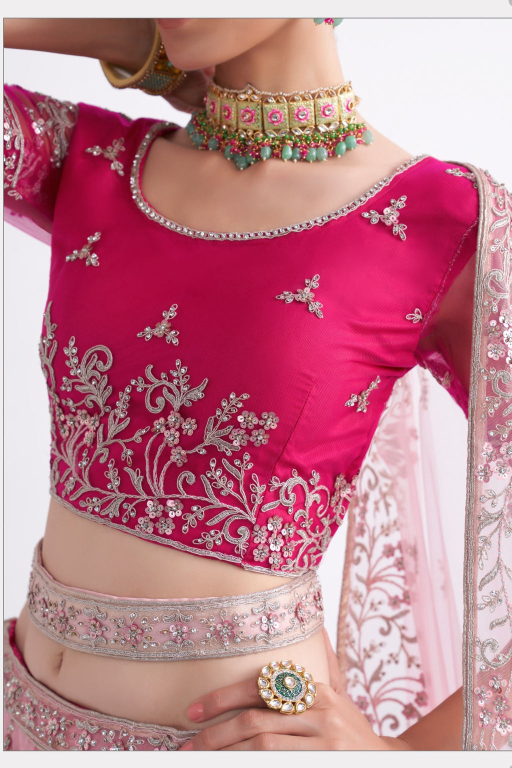 Pink Pakistani Net Lehenga Choli For Indian Festivals & Weddings - Sequence Embroidery Work, Thread Embroidery Work, Codding Embroidery Work, Zari Work, Zarkan Work