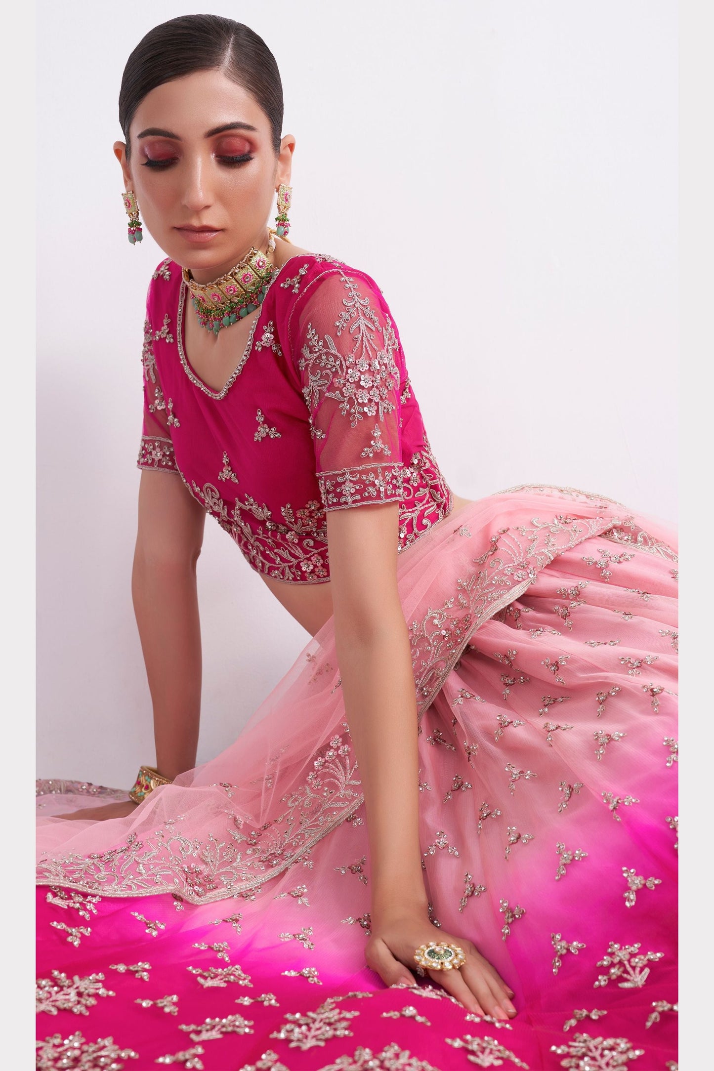 Pink Pakistani Net Lehenga Choli For Indian Festivals & Weddings - Sequence Embroidery Work, Thread Embroidery Work, Codding Embroidery Work, Zari Work, Zarkan Work