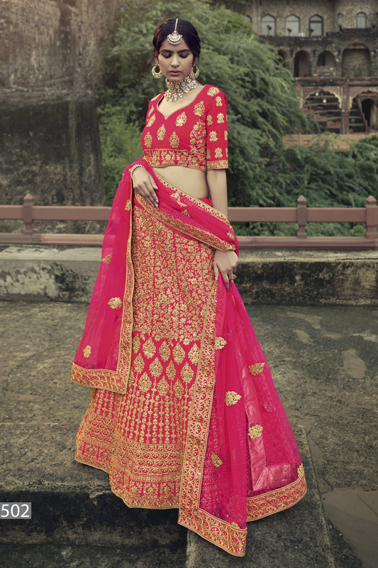 Pink Pakistani Satin Lehenga Choli For Indian Festivals & Weddings - Thread Embroidery Work, Stone Work, Zari Work, Dori Work