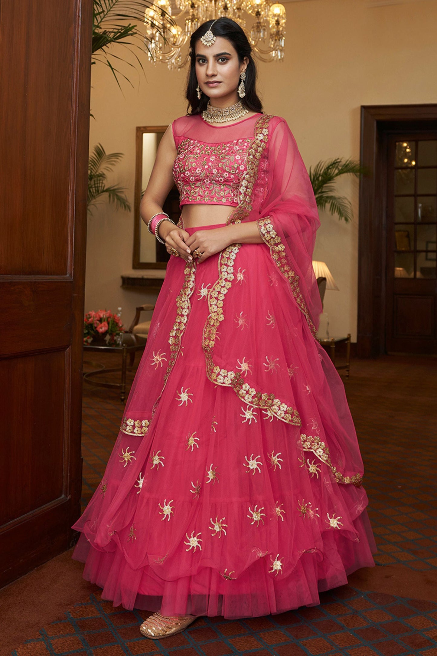 Pink Pakistani Silk Ruffle Lehenga Choli For Indian Festivals & Weddings - Sequence Embroidery Work, Thread Embroidery Work,
