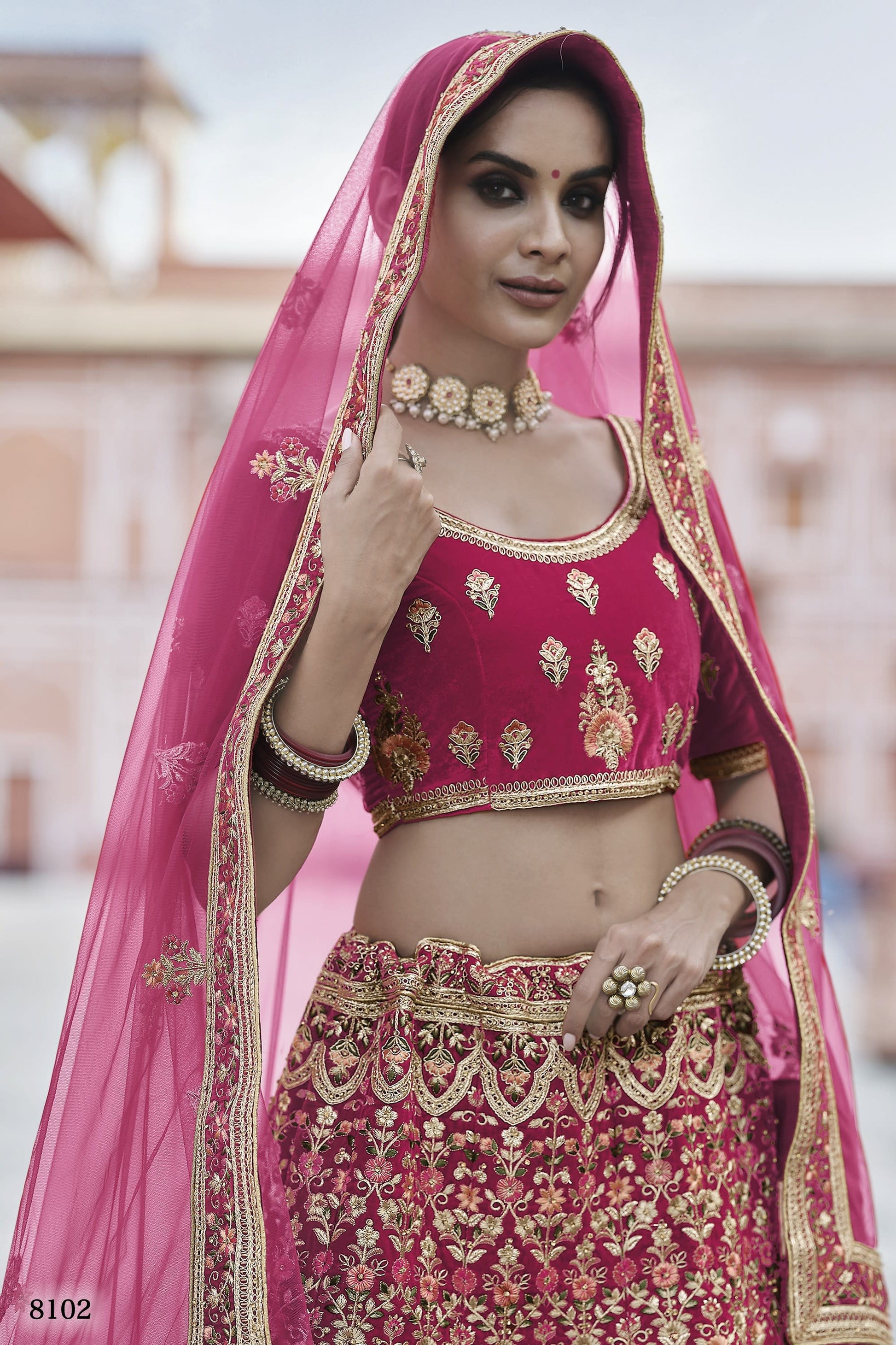 Pink Pakistani Velvet Lehenga Choli For Indian Festivals & Weddings - Thread Embroidery Work,