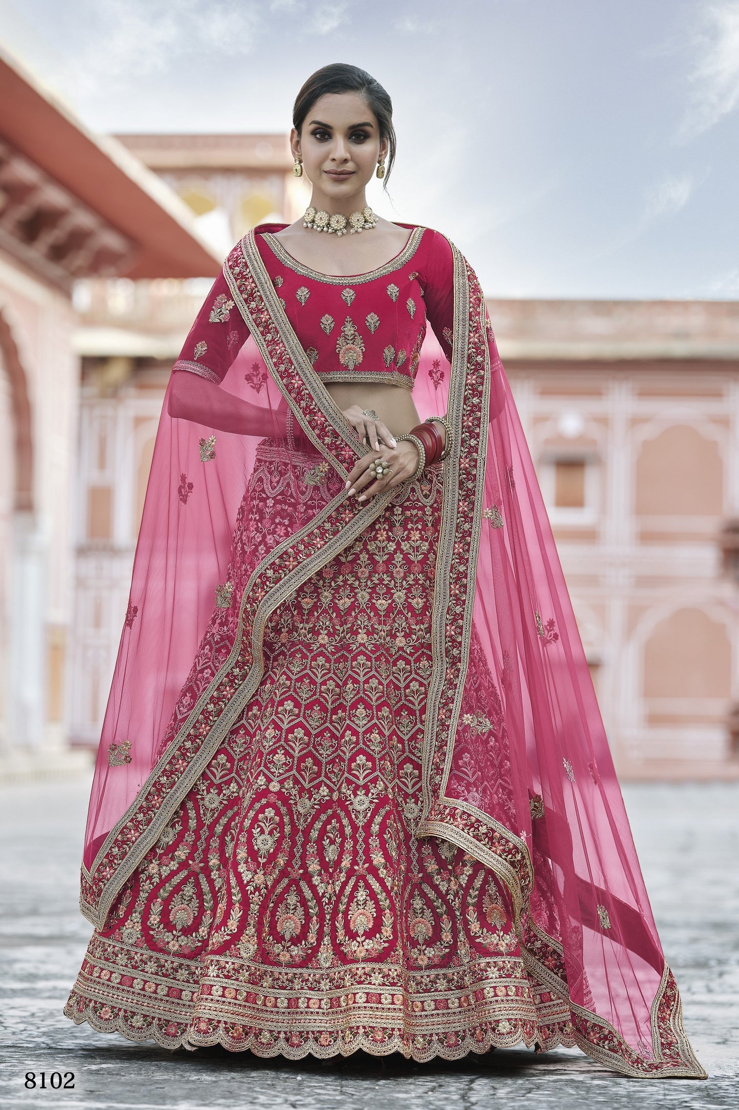 Pink Pakistani Velvet Lehenga Choli For Indian Festivals & Weddings - Thread Embroidery Work,