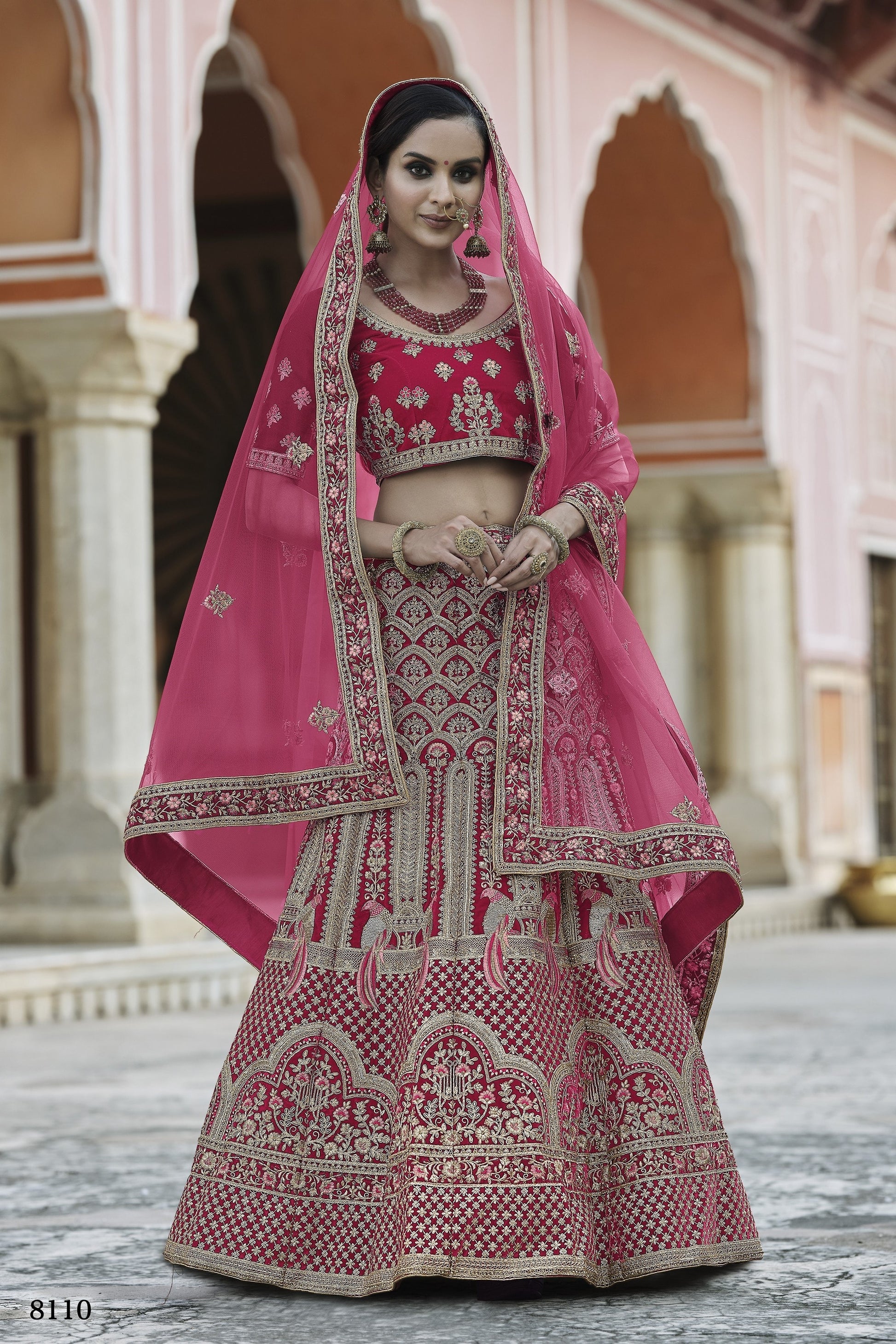 Pink Pakistani Velvet Lehenga Choli For Indian Festivals & Weddings - Thread Embroidery Work,