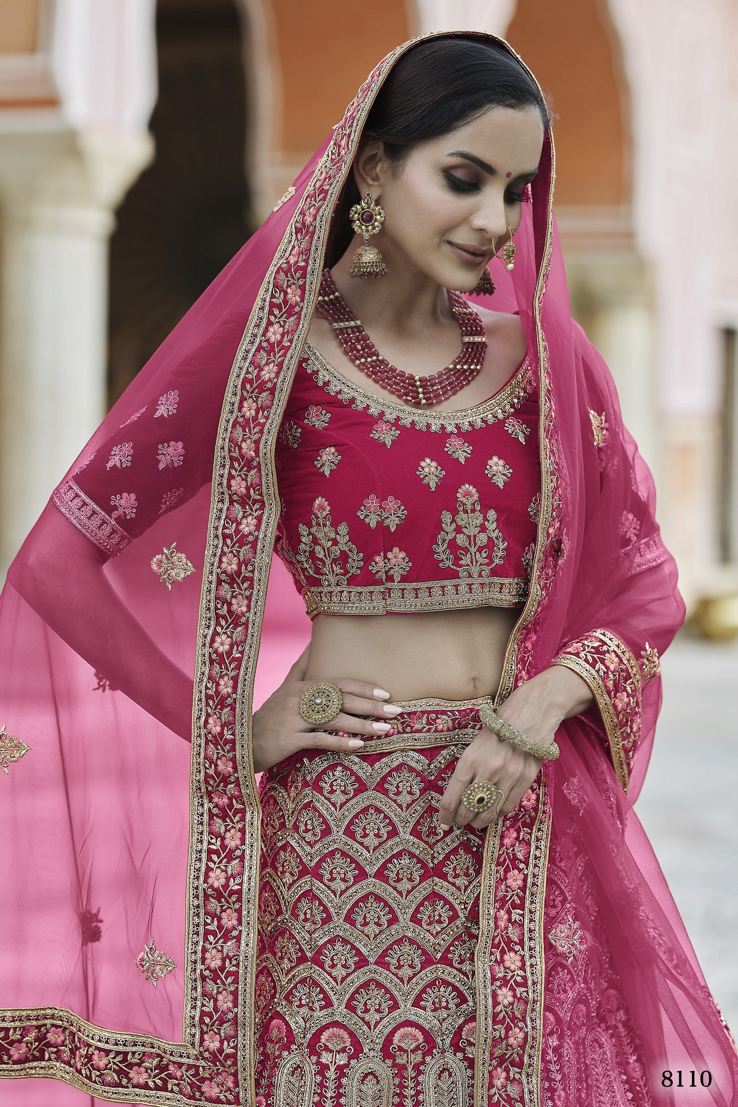 Pink Pakistani Velvet Lehenga Choli For Indian Festivals & Weddings - Thread Embroidery Work,