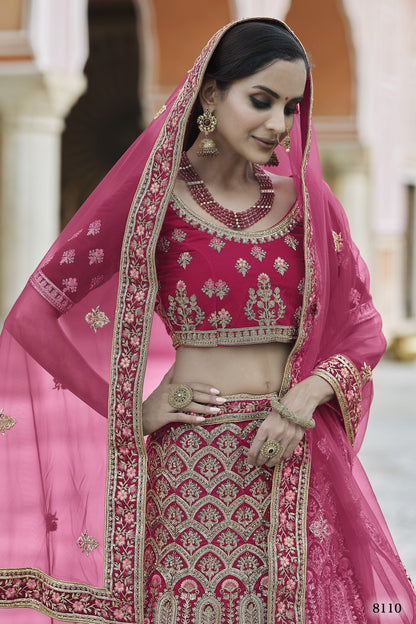 Pink Pakistani Velvet Lehenga Choli For Indian Festivals & Weddings - Thread Embroidery Work,