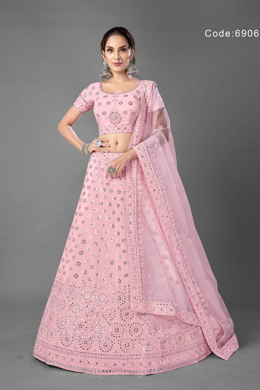 Pink Pakistani Georgette Lehenga Choli For Indian Festivals & Weddings - Thread Embroidery Work, Foil Mirror Work, Mirror Work
