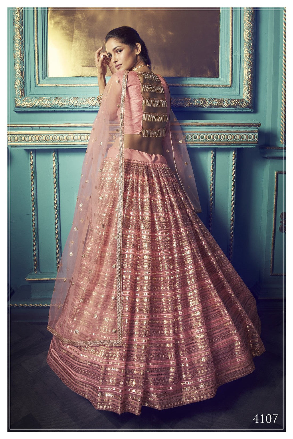 Pink Pakistani Net Lehenga Choli For Indian Festival & Weddings - Sequence Embroidery Work, Thread Embroidery Work,