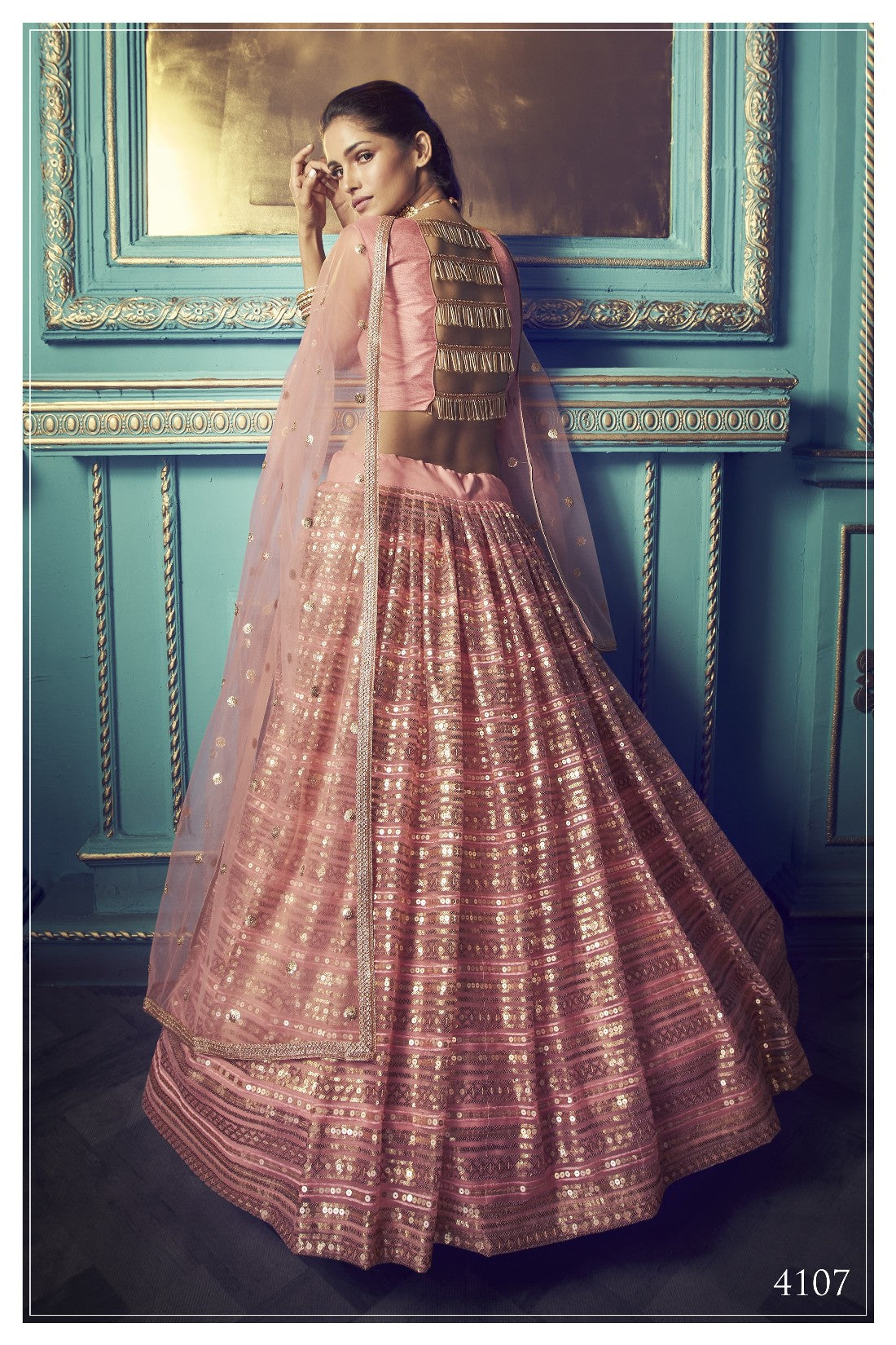 Pink Pakistani Net Lehenga Choli For Indian Festival & Weddings - Sequence Embroidery Work, Thread Embroidery Work,