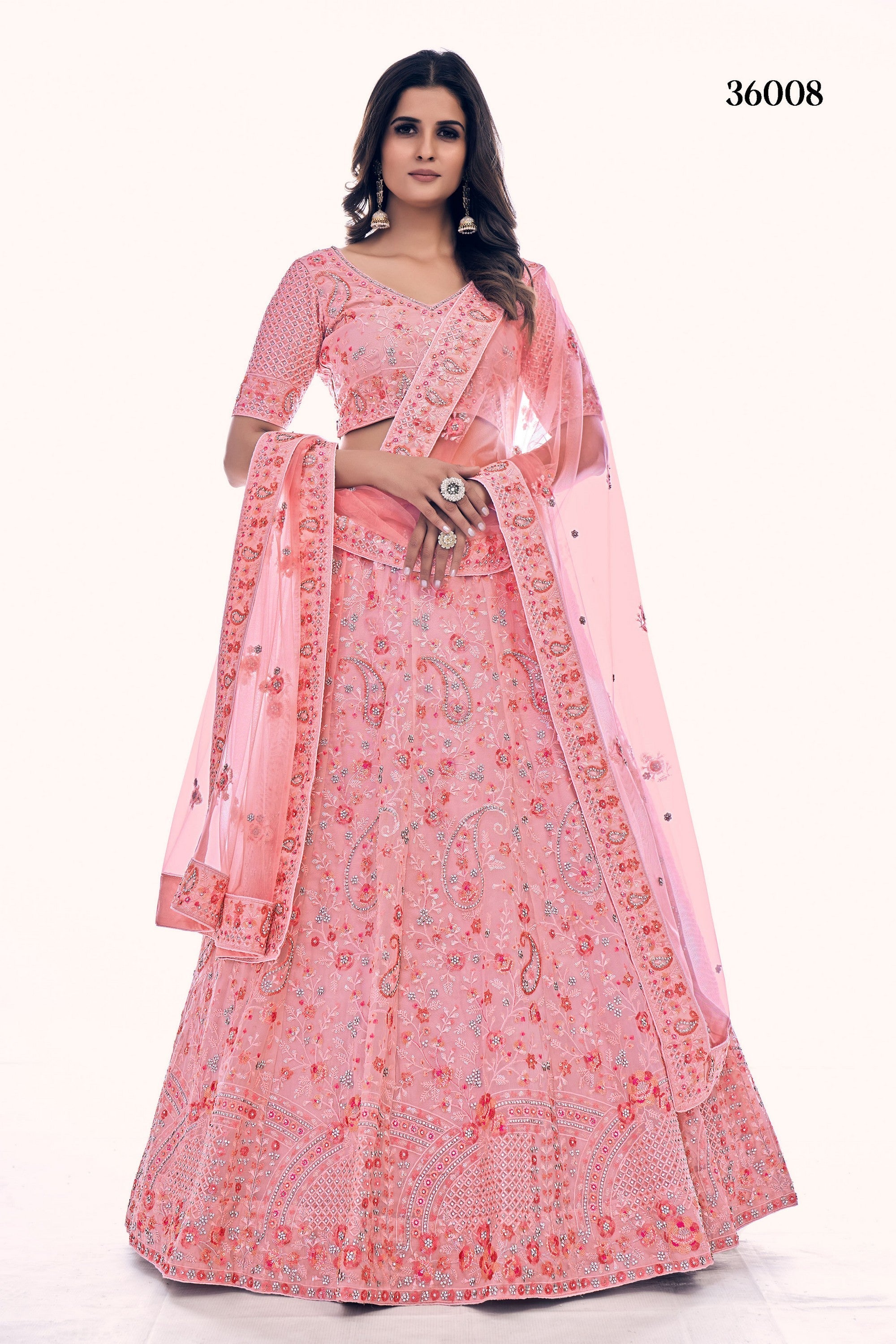 Pink Pakistani Net Lehenga Choli For Indian Festival & Weddings - Sequence Embroidery Work, Thread Embroidery Work, Dori Work, Zarkan Work