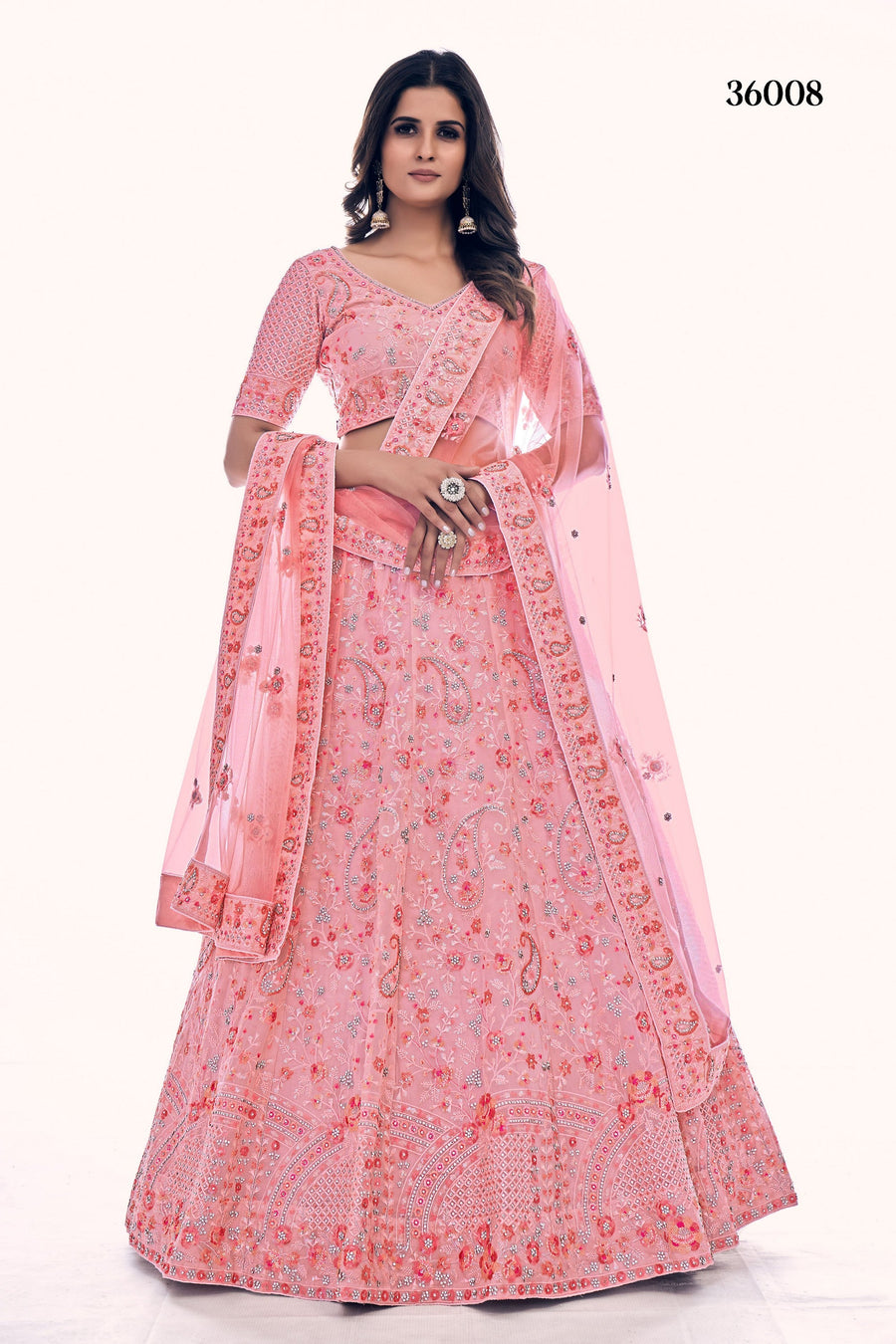 Pink Pakistani Net Lehenga Choli For Indian Festival & Weddings - Sequence Embroidery Work, Thread Embroidery Work, Dori Work, Zarkan Work