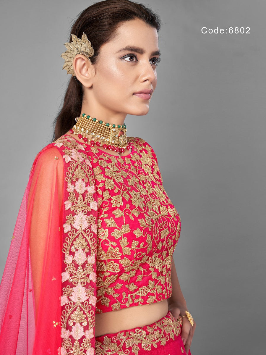 Pink Pakistani Net Lehenga Choli For Indian Festival & Weddings - Thread Embroidery Work, Dori Work