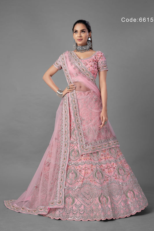 Pink Pakistani Net Lehenga Choli For Indian Festivals & Weddings - Thread Embroidery Work, Zari Work, Dori Work, Zarkan Work