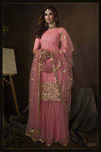Pink Pakistani Net Sharara For Festivals & Indian Weddings - Sequence Embroidery Work,