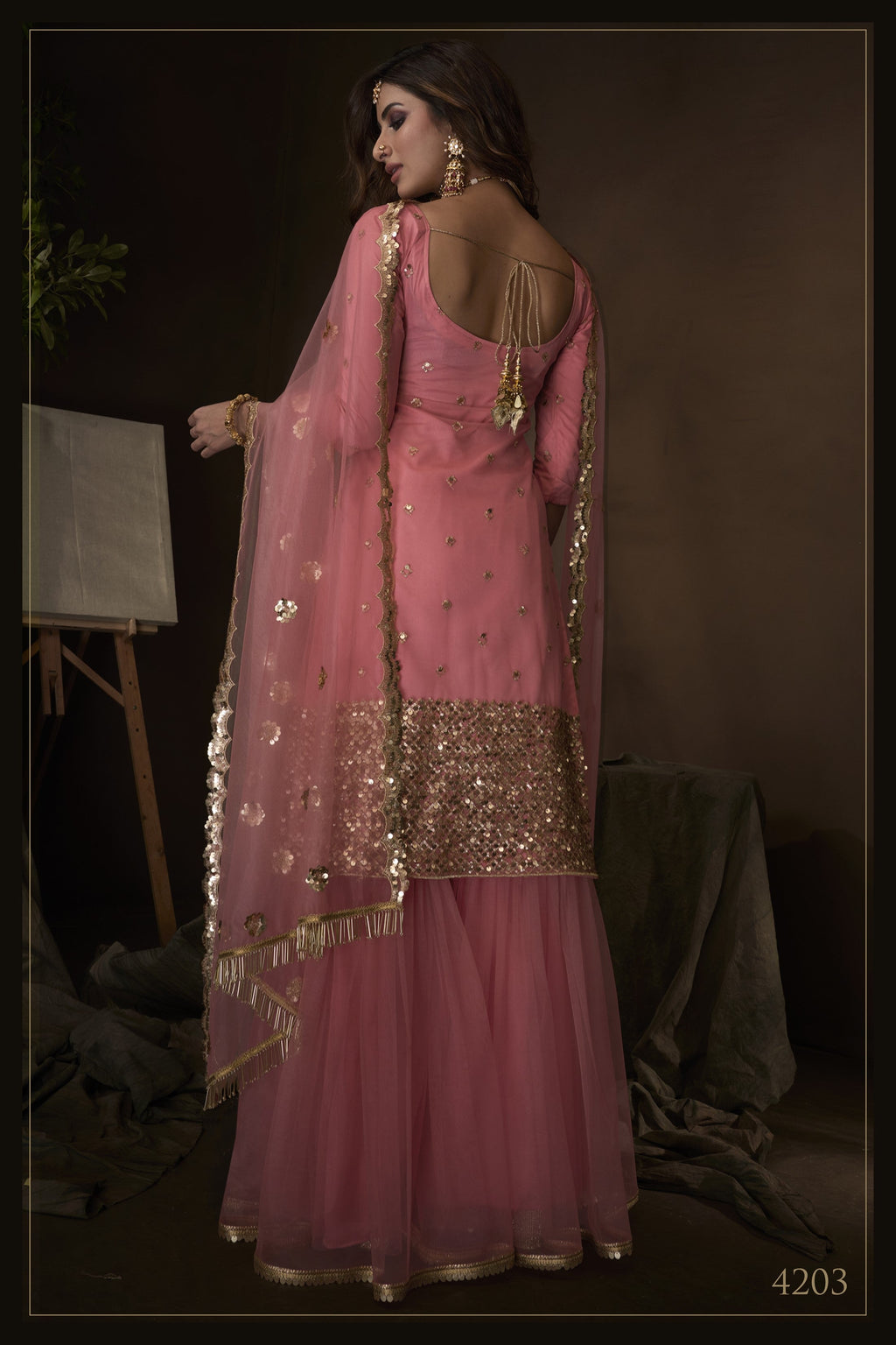 Pink Pakistani Net Sharara For Festivals & Indian Weddings - Sequence Embroidery Work,