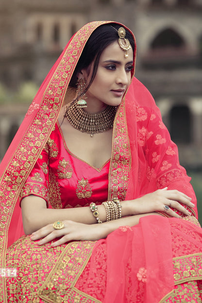 Pink Pakistani Satin Lehenga Choli For Indian Festivals & Weddings - Thread Embroidery Work, Stone Work, Zari Work, Dori Work
