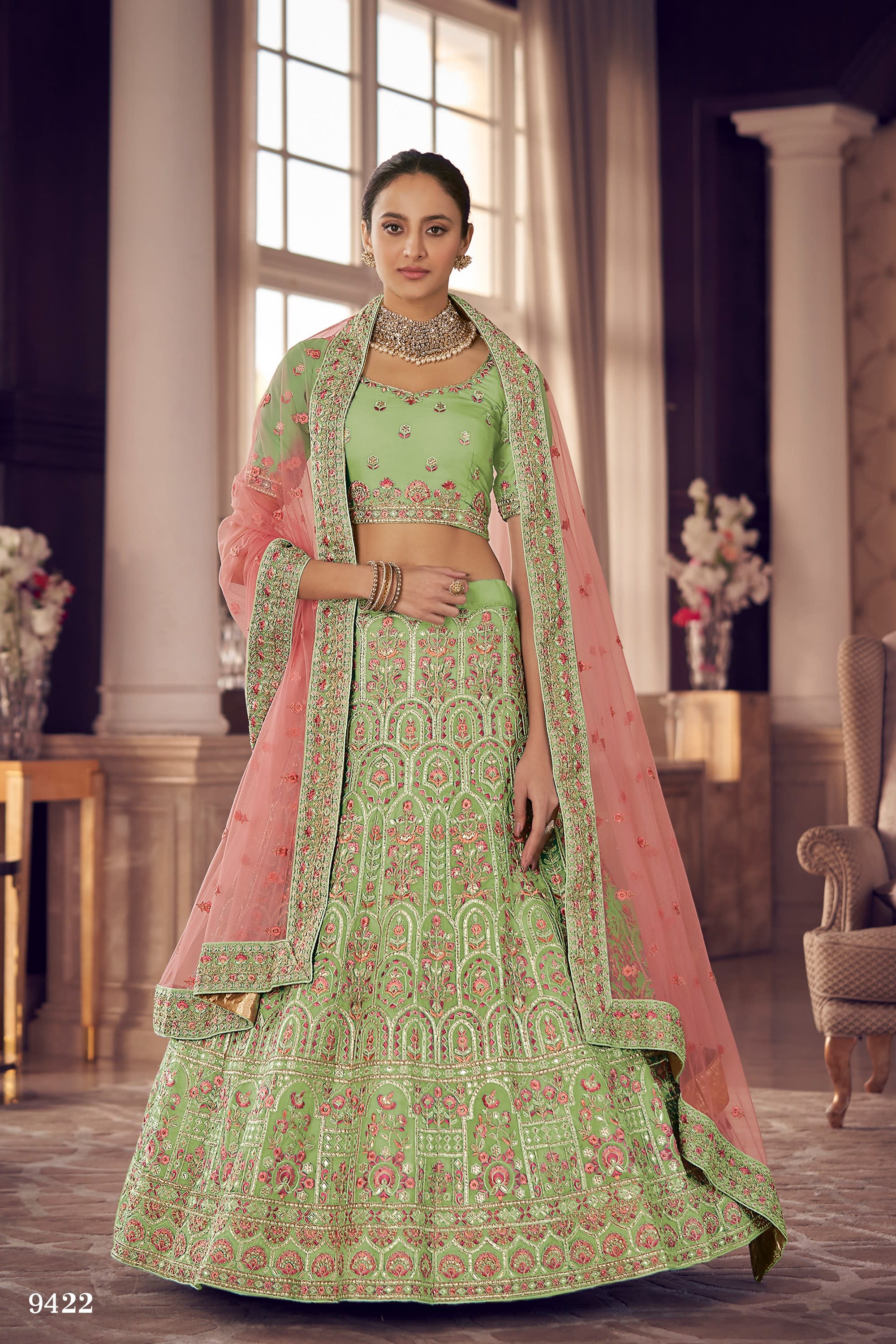 Pista Pakistani Organza Lehenga Choli For Indian Festivals & Weddings - Thread Embroidery Work, Zarkan Work