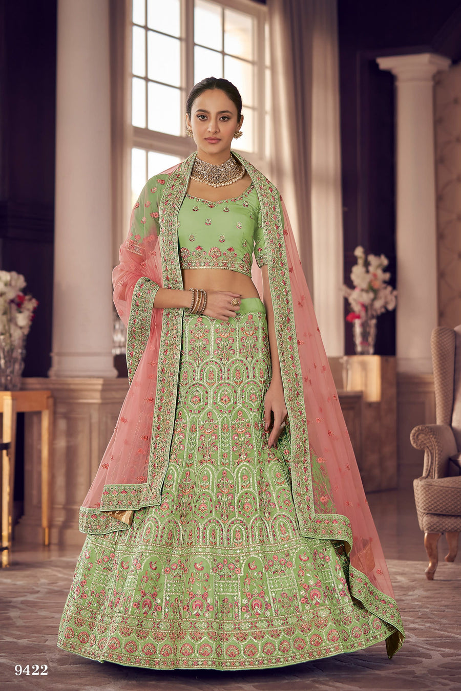 Pista Pakistani Organza Lehenga Choli For Indian Festivals & Weddings - Thread Embroidery Work, Zarkan Work