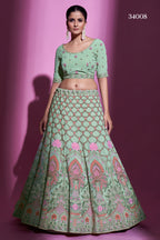Pista Green Pakistani Georgette Lehenga Choli For Indian Festival & Weddings - Thread Embroidery Work, Stone Work, Zari Work