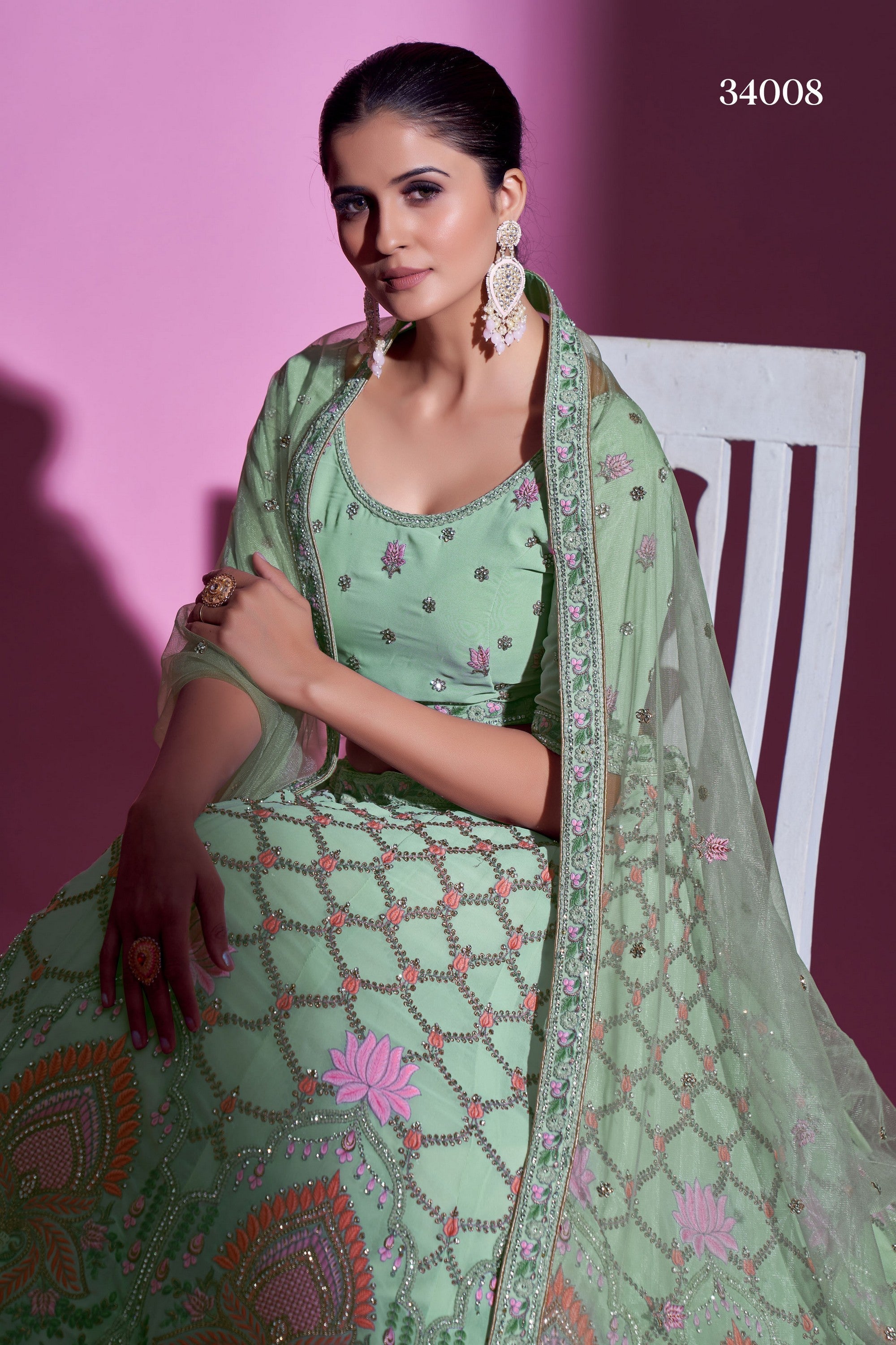 Pista Green Pakistani Georgette Lehenga Choli For Indian Festival & Weddings - Thread Embroidery Work, Stone Work, Zari Work