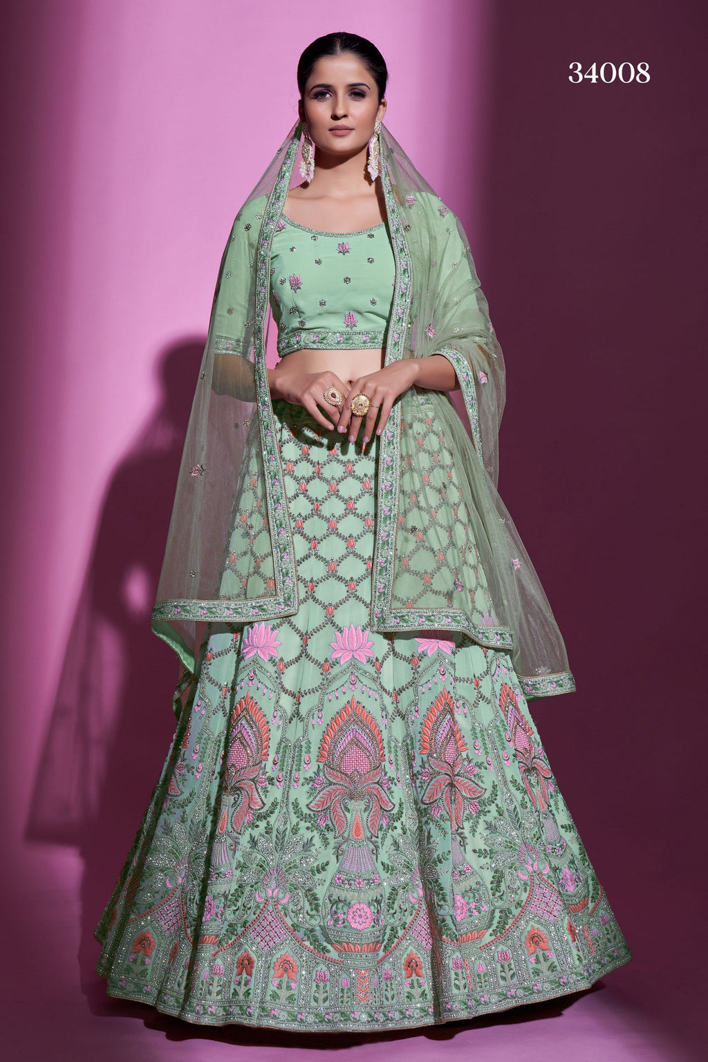 Pista Green Pakistani Georgette Lehenga Choli For Indian Festival & Weddings - Thread Embroidery Work, Stone Work, Zari Work