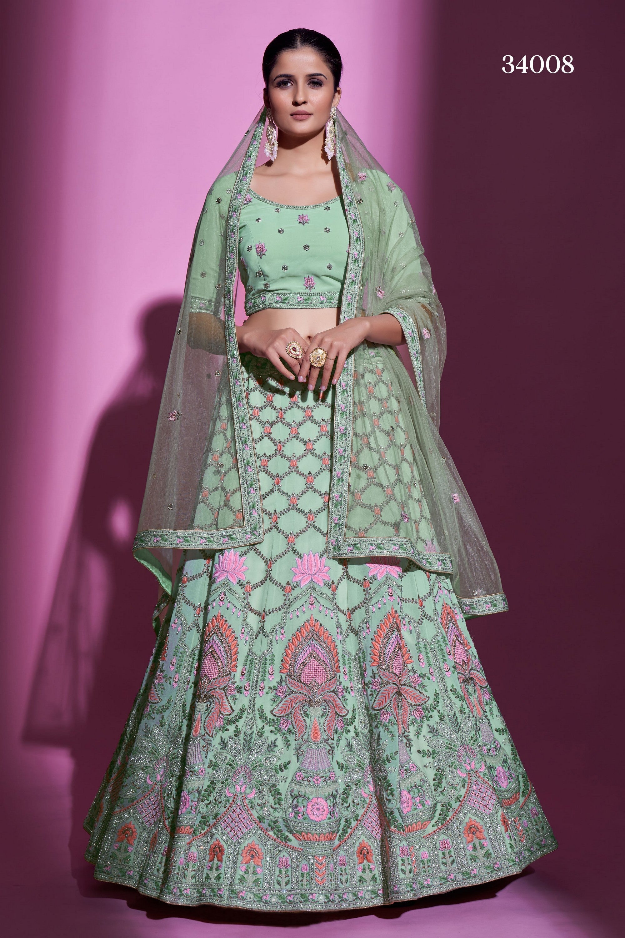 Pista Green Pakistani Georgette Lehenga Choli For Indian Festival & Weddings - Thread Embroidery Work, Stone Work, Zari Work