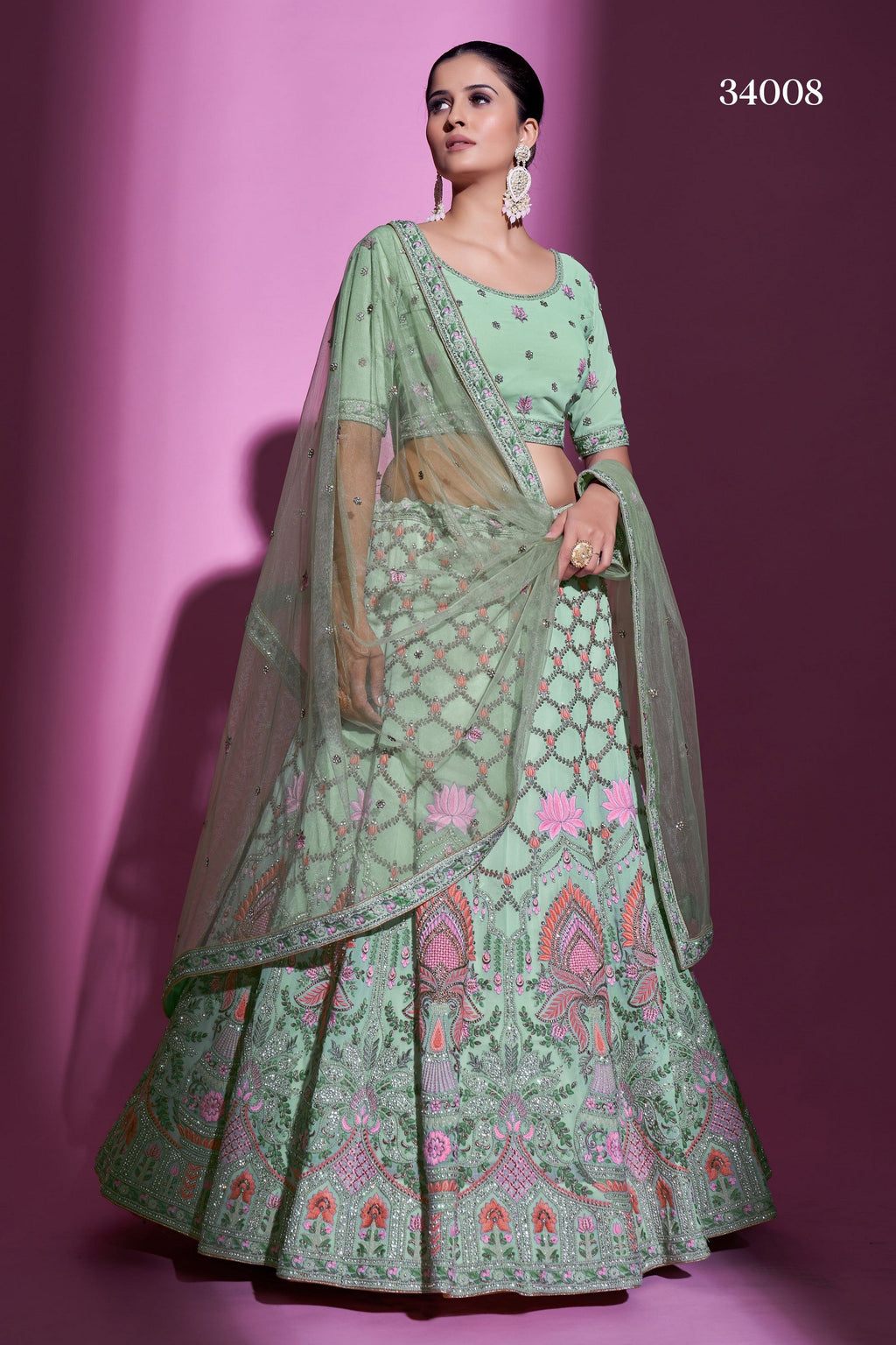 Pista Green Pakistani Georgette Lehenga Choli For Indian Festival & Weddings - Thread Embroidery Work, Stone Work, Zari Work