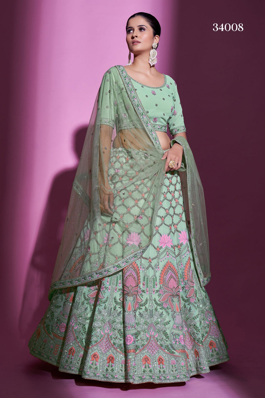 Pista Green Pakistani Georgette Lehenga Choli For Indian Festival & Weddings - Thread Embroidery Work, Stone Work, Zari Work