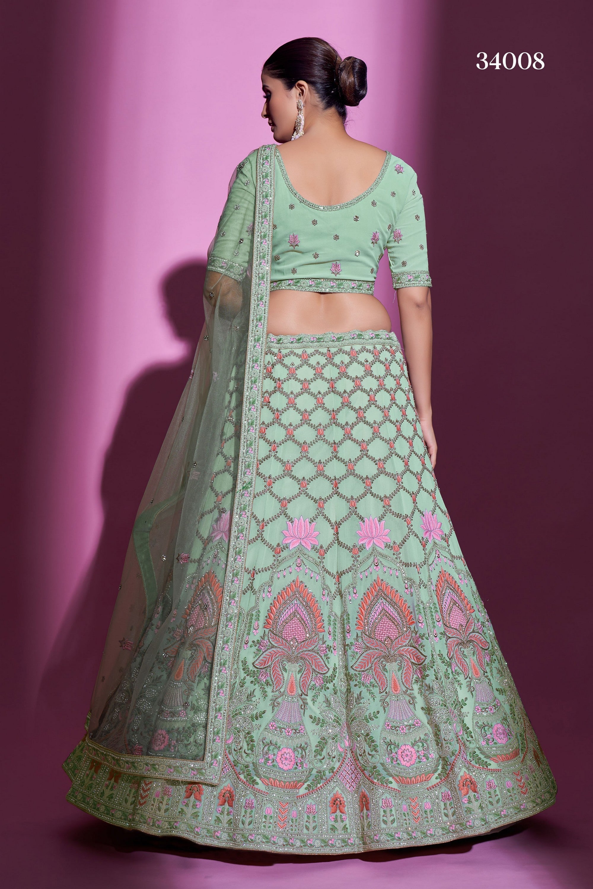 Pista Green Pakistani Georgette Lehenga Choli For Indian Festival & Weddings - Thread Embroidery Work, Stone Work, Zari Work