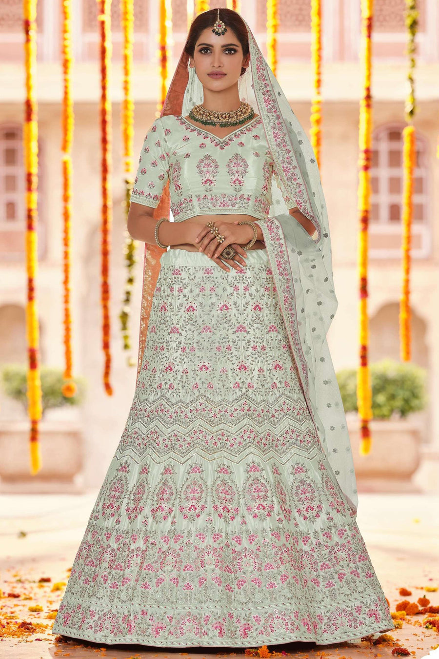 Pista Pakistani Crepe Lehenga Choli For Indian Festival & Weddings - Sequence Embroidery Work, Thread Embroidery Work,