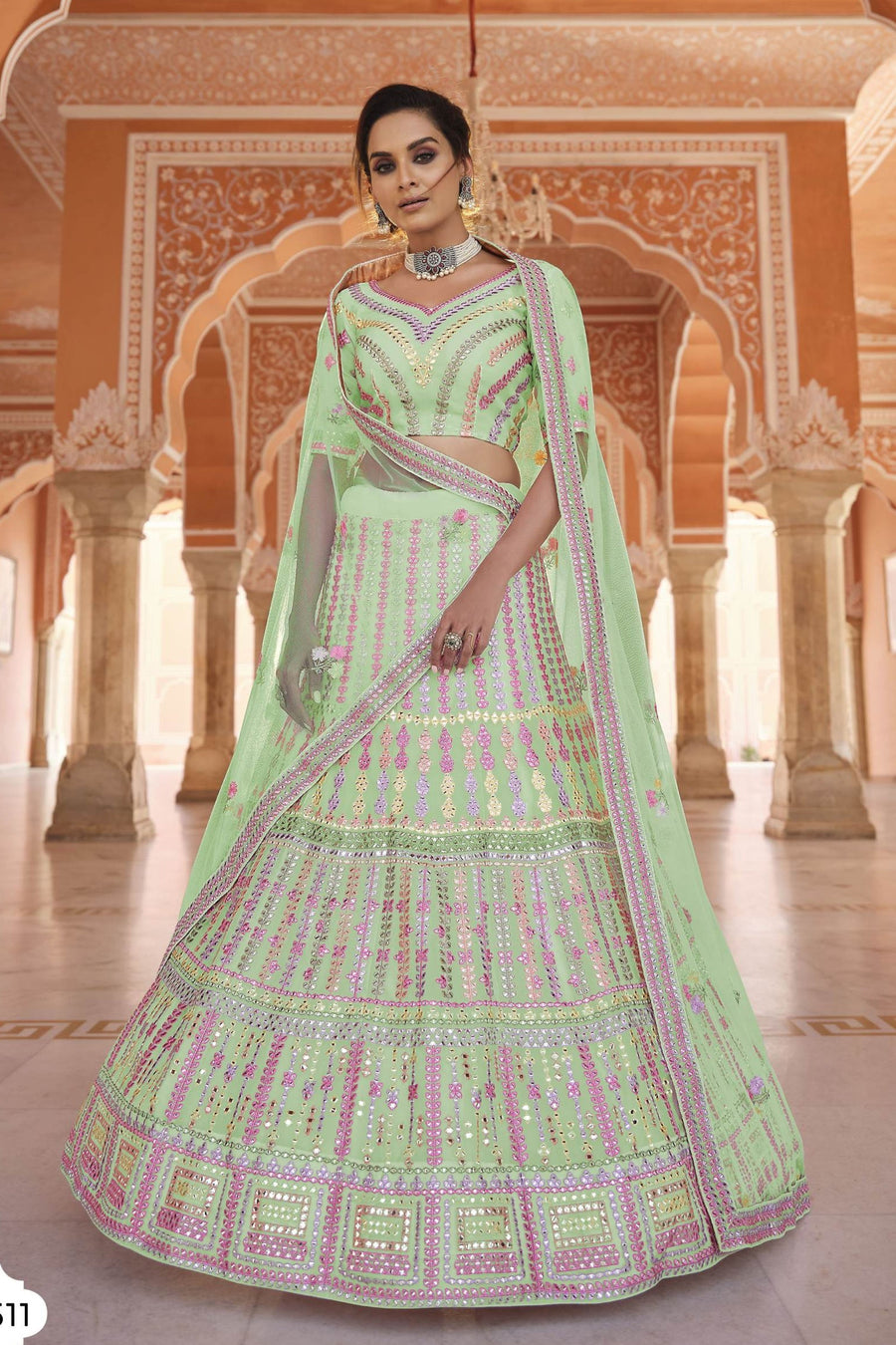 Pista Pakistani Organza Lehenga Choli For Indian Festival & Weddings - Thread Embroidery Work,
