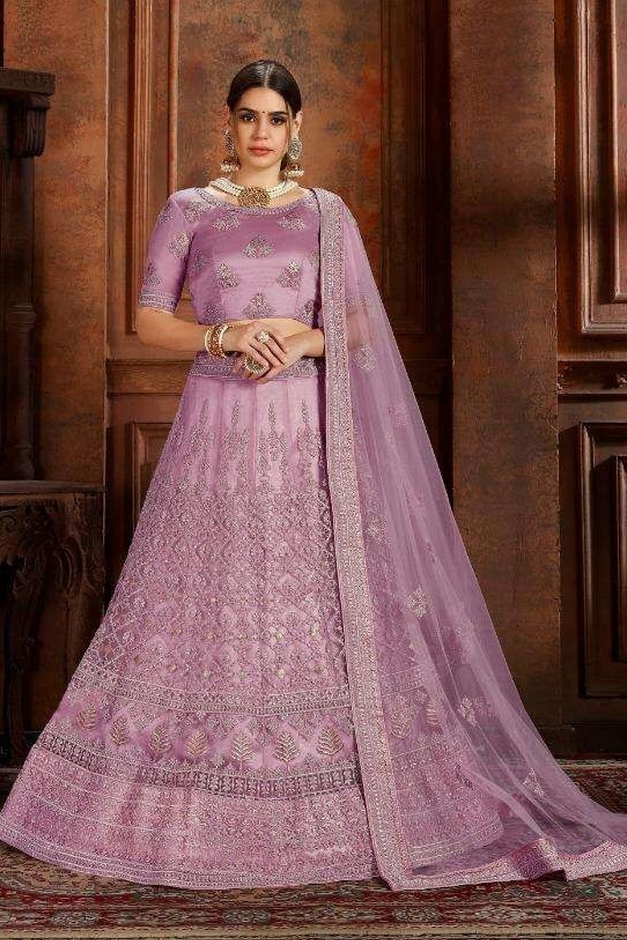 Lehenga Choli : Pink two layer net pearl work lehenga choli