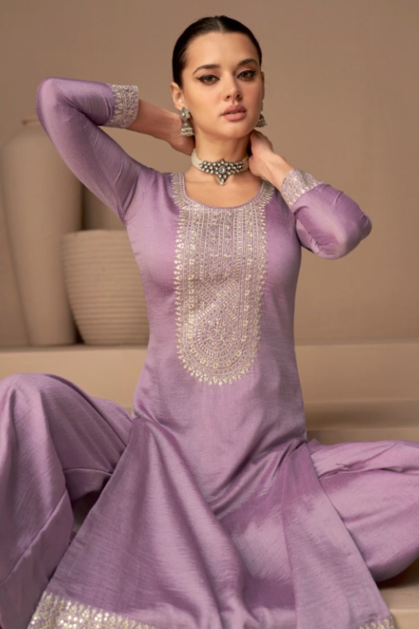 Purple Pakistani Silk Salwar Kameez For Indian Festivals & Weddings - Thread Embroidery Work,