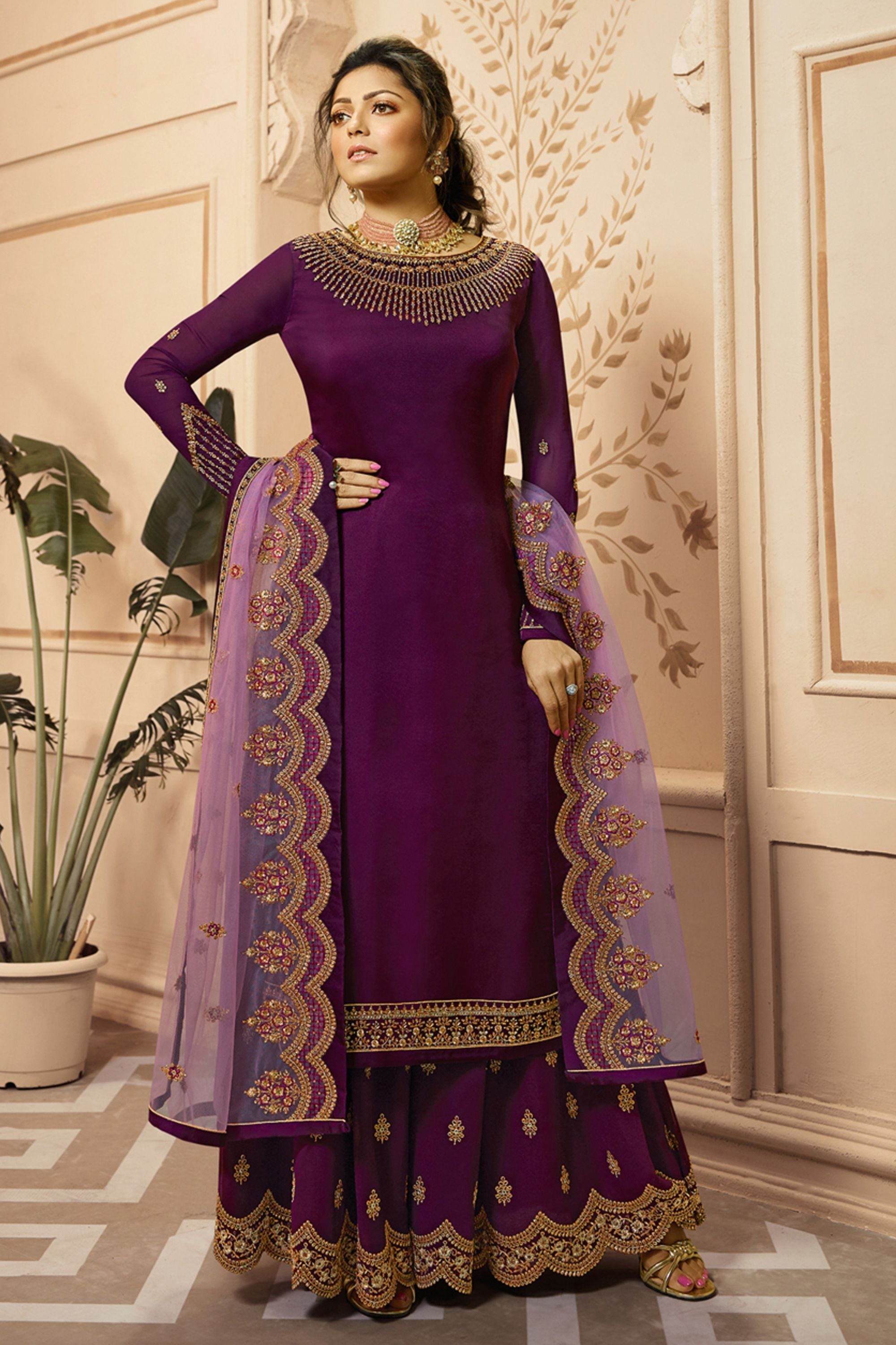 Purple Pakistani Satin Georgette Salwar Kameez For Wedding & Festival - Embroidery Work
