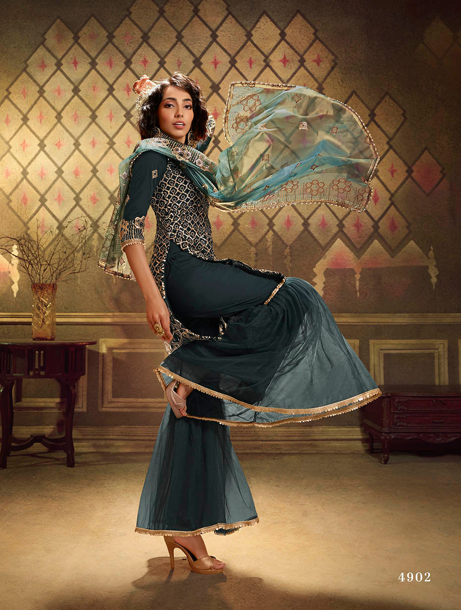 Rama Green Pakistani Net Sharara For Festivals & Indian Weddings - Sequence Embroidery Work,