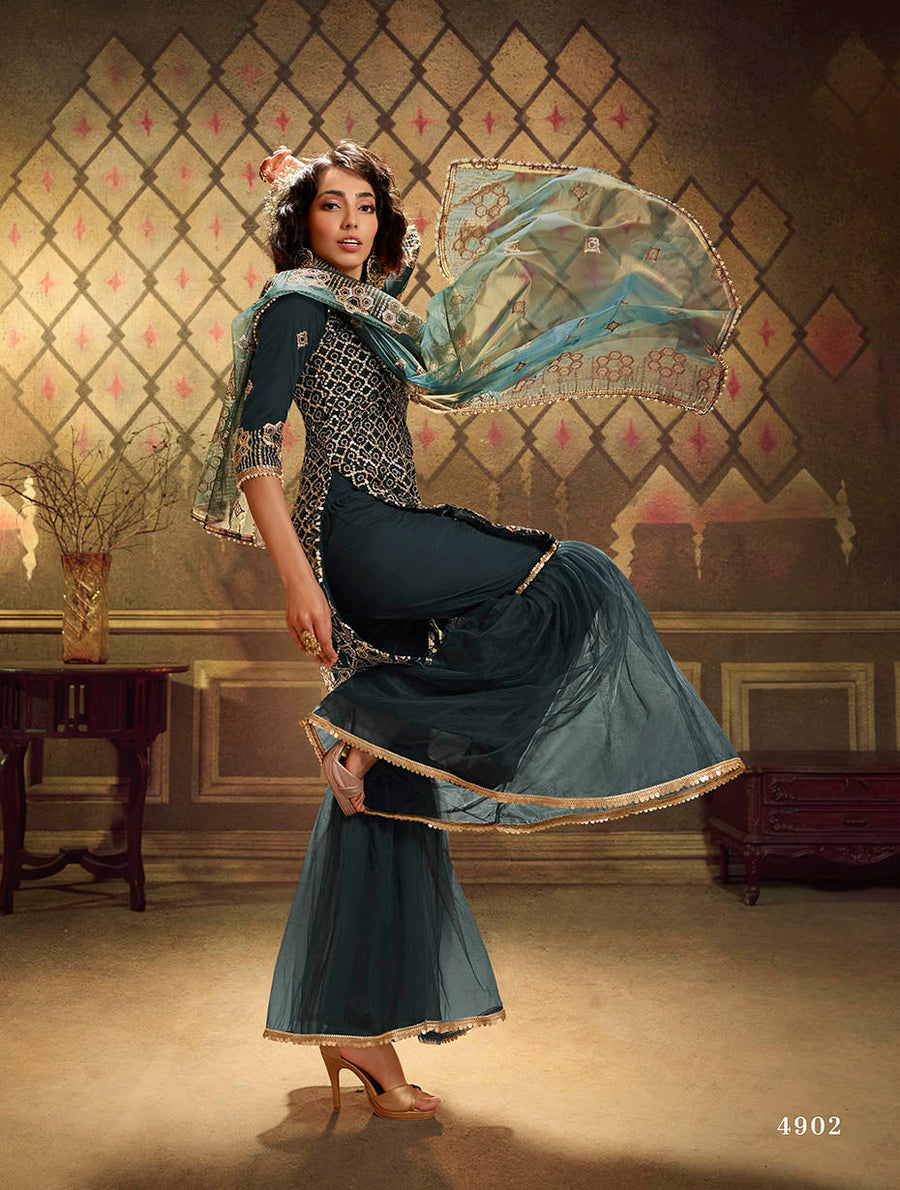 Rama Green Pakistani Net Sharara For Festivals & Indian Weddings - Sequence Embroidery Work,