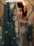 Rama Green Pakistani Net Sharara For Festivals & Indian Weddings - Sequence Embroidery Work,