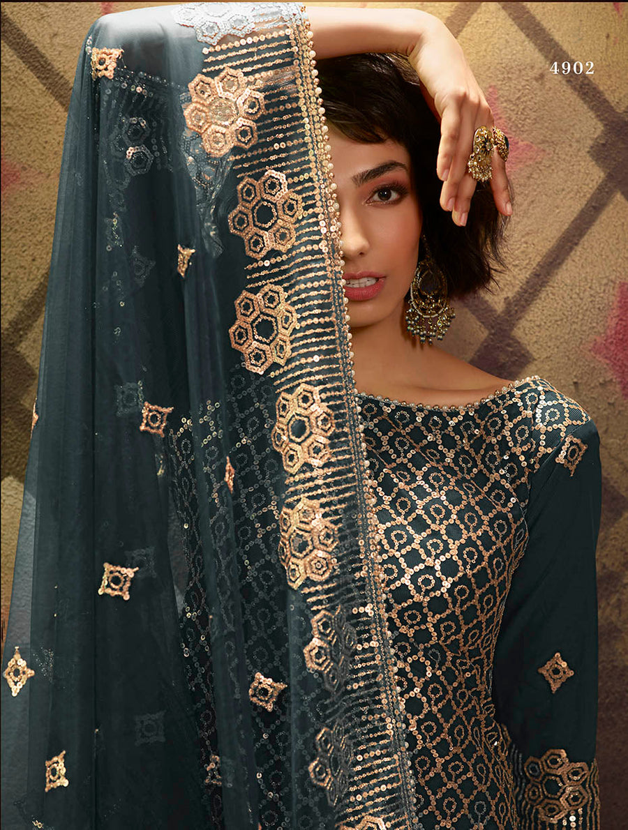 Rama Green Pakistani Net Sharara For Festivals & Indian Weddings - Sequence Embroidery Work,